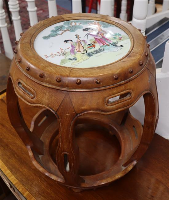 A Chinese hardwood porcelain inset stool W.40cm